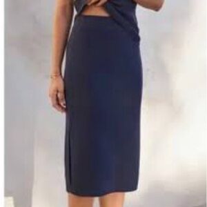 AYR Midi Pencil Skirt Navy Ribbed Sweater with Side Slits Pull On Stretch Large